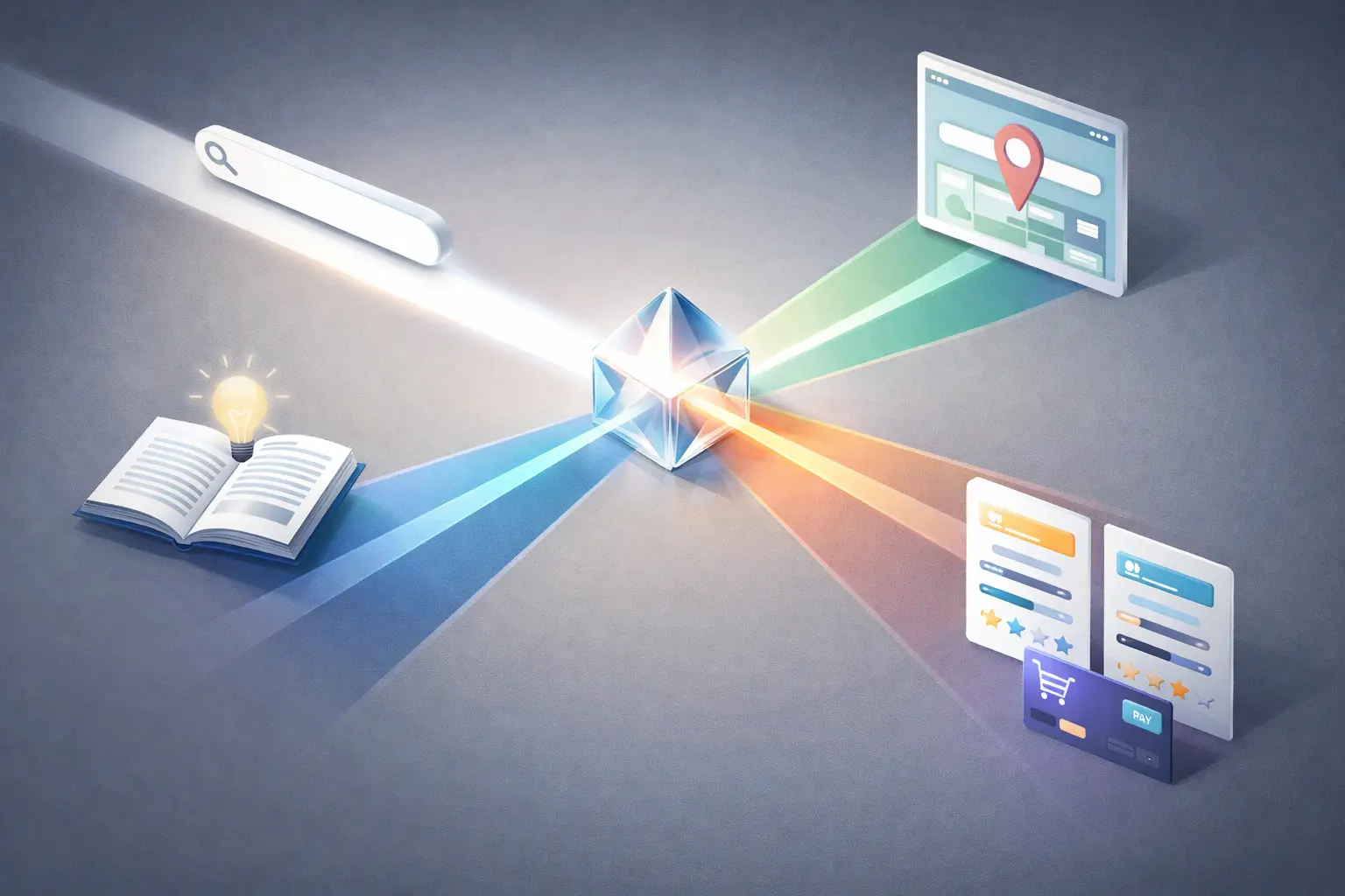 Illustration showing SEO search intent with pathways to information, navigation, and action.