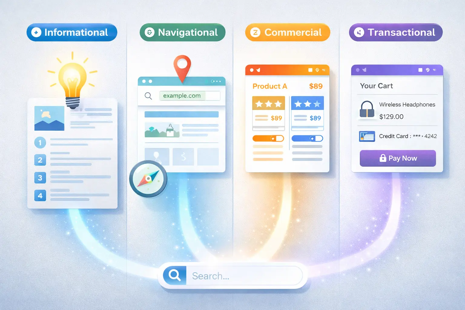 Diagram illustrating four types of SEO search intent: informational, navigational, commercial, and transactional.