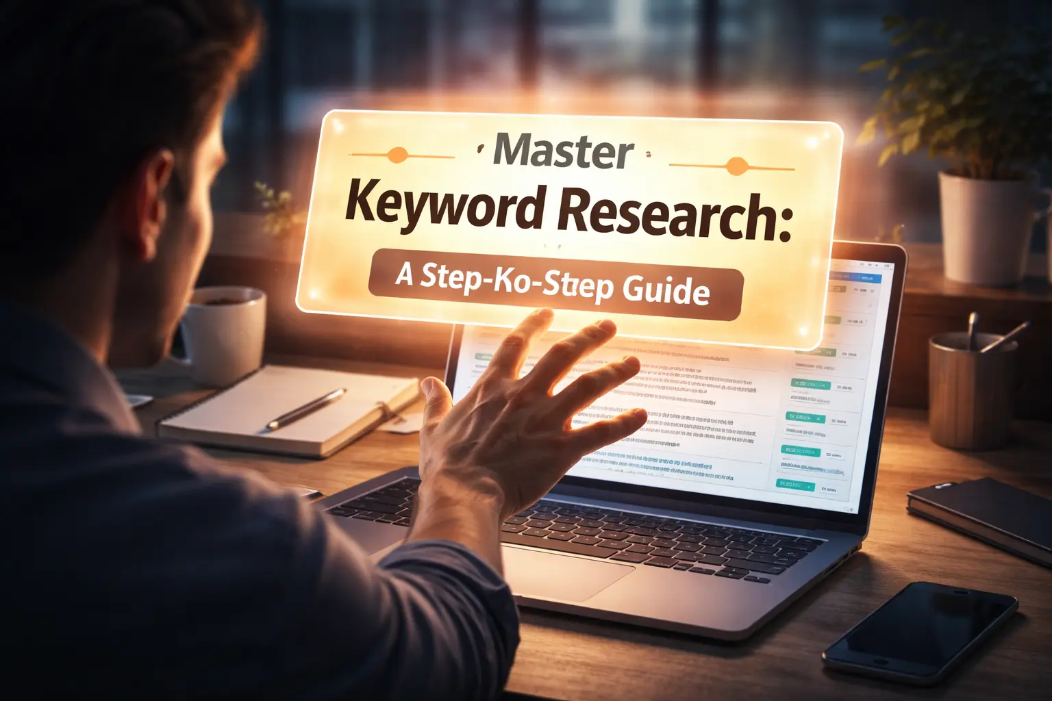Person using a laptop displaying a guide to mastering keyword research.