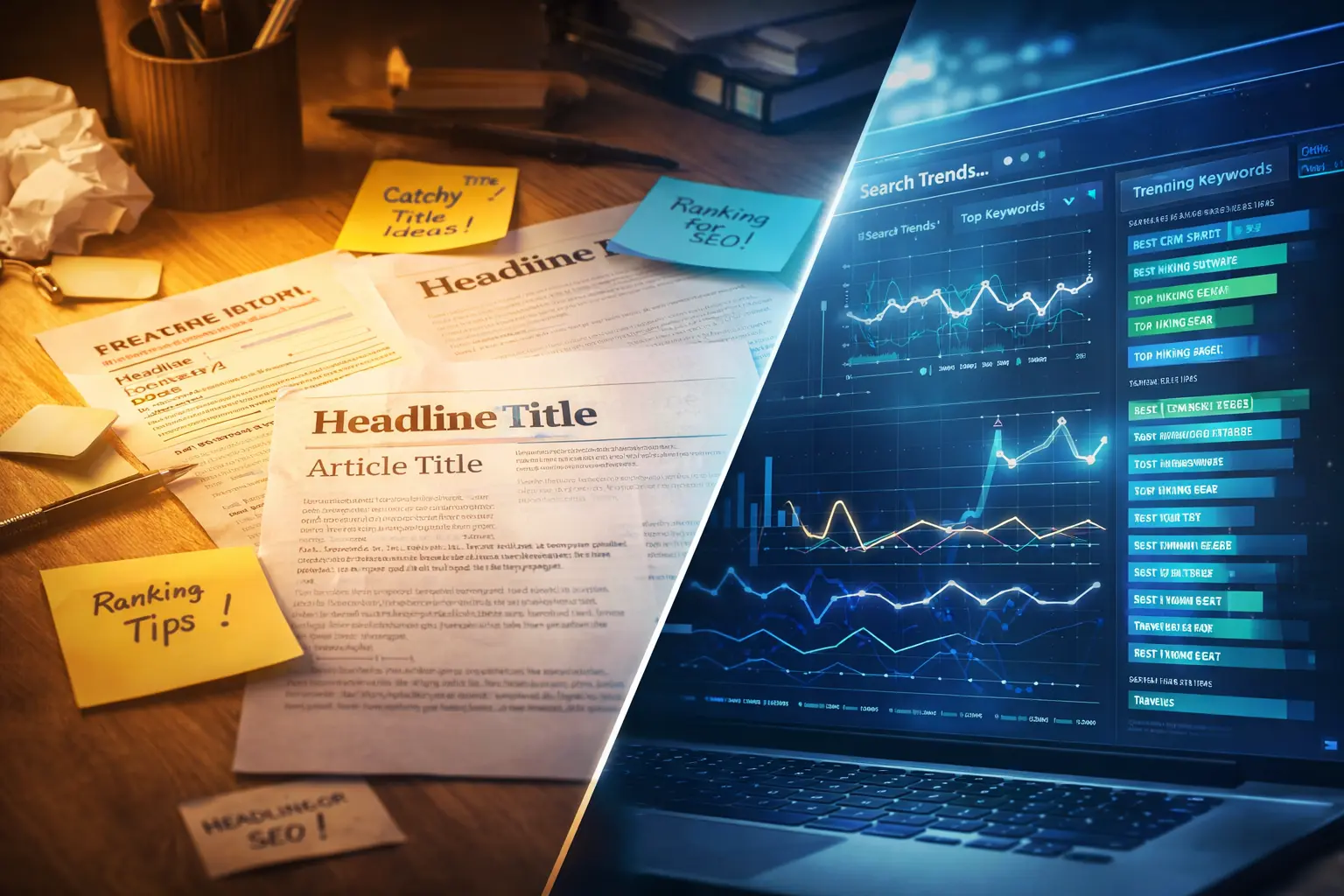Desk with notes on headline creation next to digital keyword analytics