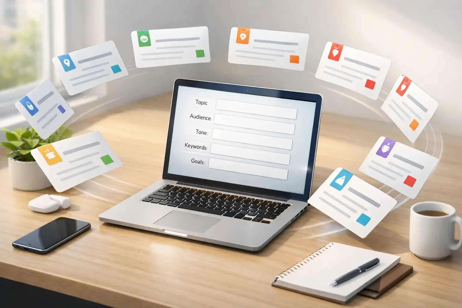 A laptop displaying a blog title generator interface with fields for topic and keywords.