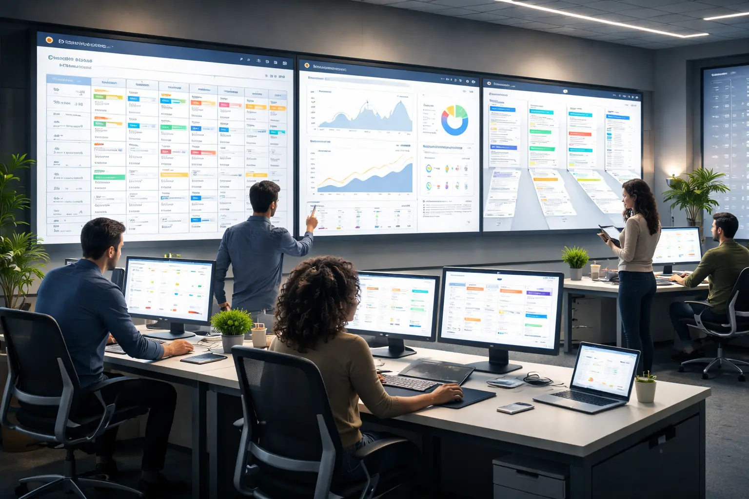 Team working on an analytics dashboard in an office to highlight blog title generator insights.