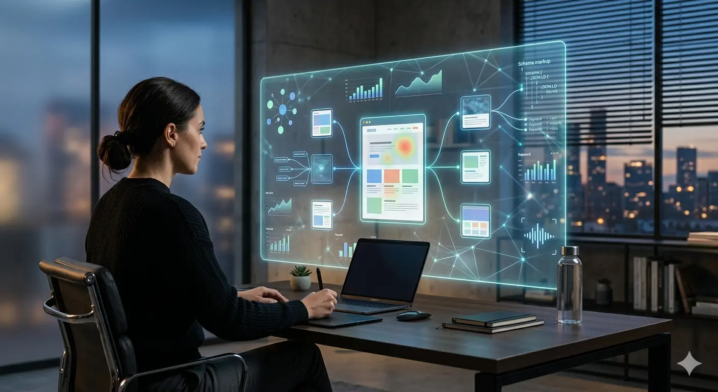 A person using AI technology to analyze SEO data on a holographic interface.