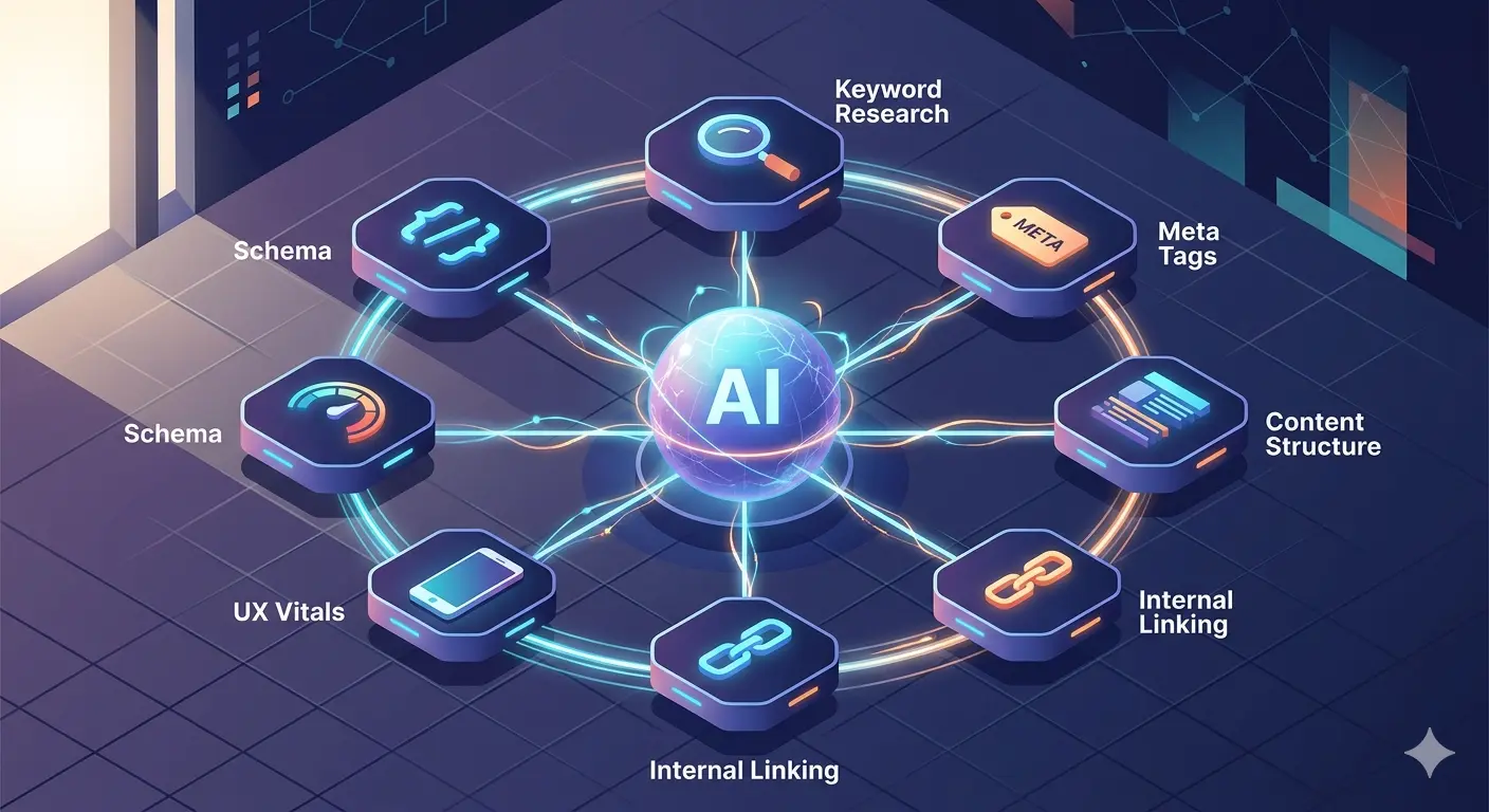 Diagram illustrating the integration of AI in on-page SEO tools featuring keyword research and schema.