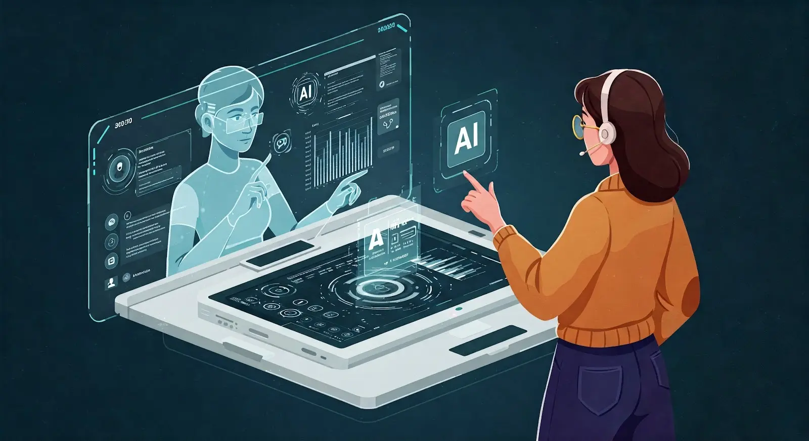 Person interacting with AI technology for SEO data analysis on a digital interface
