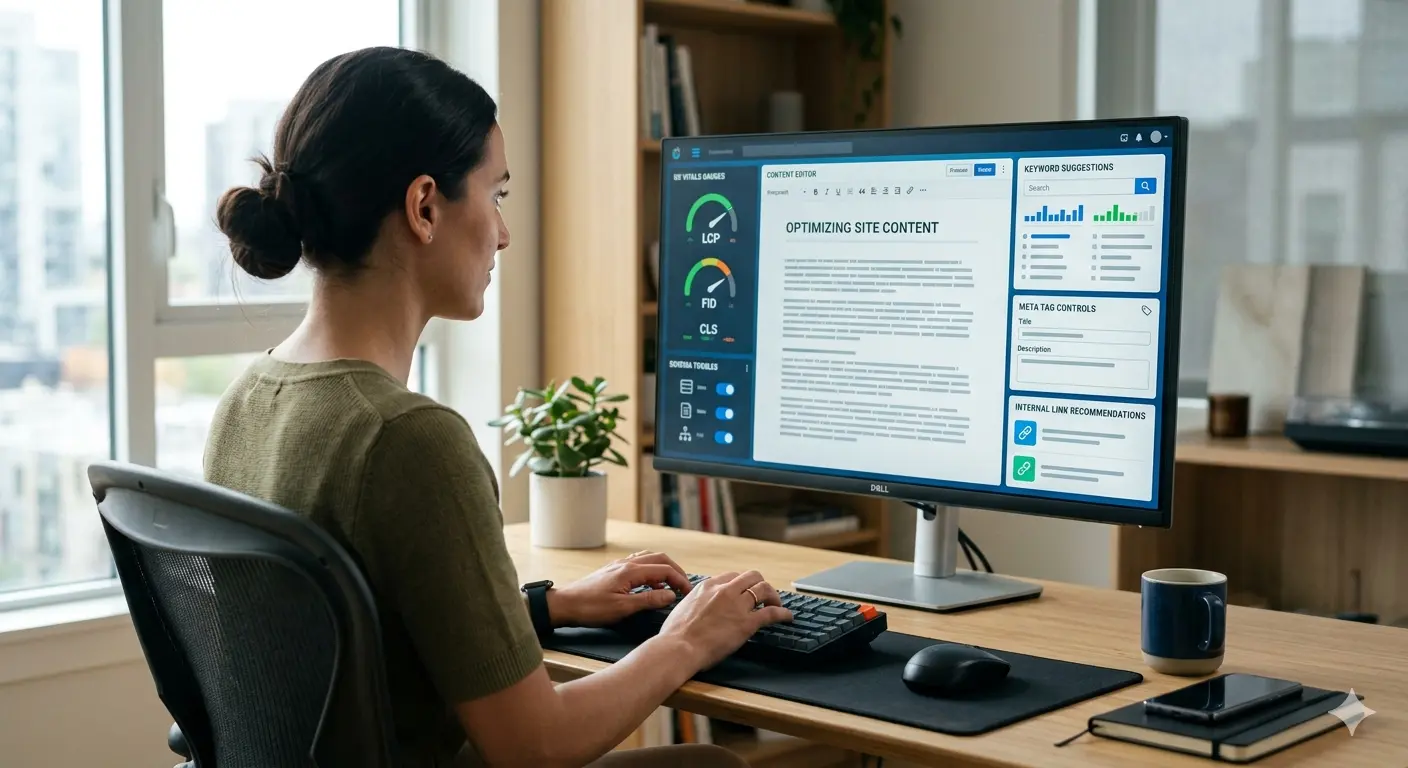 A person using on-page SEO tools on a computer for optimizing site content.