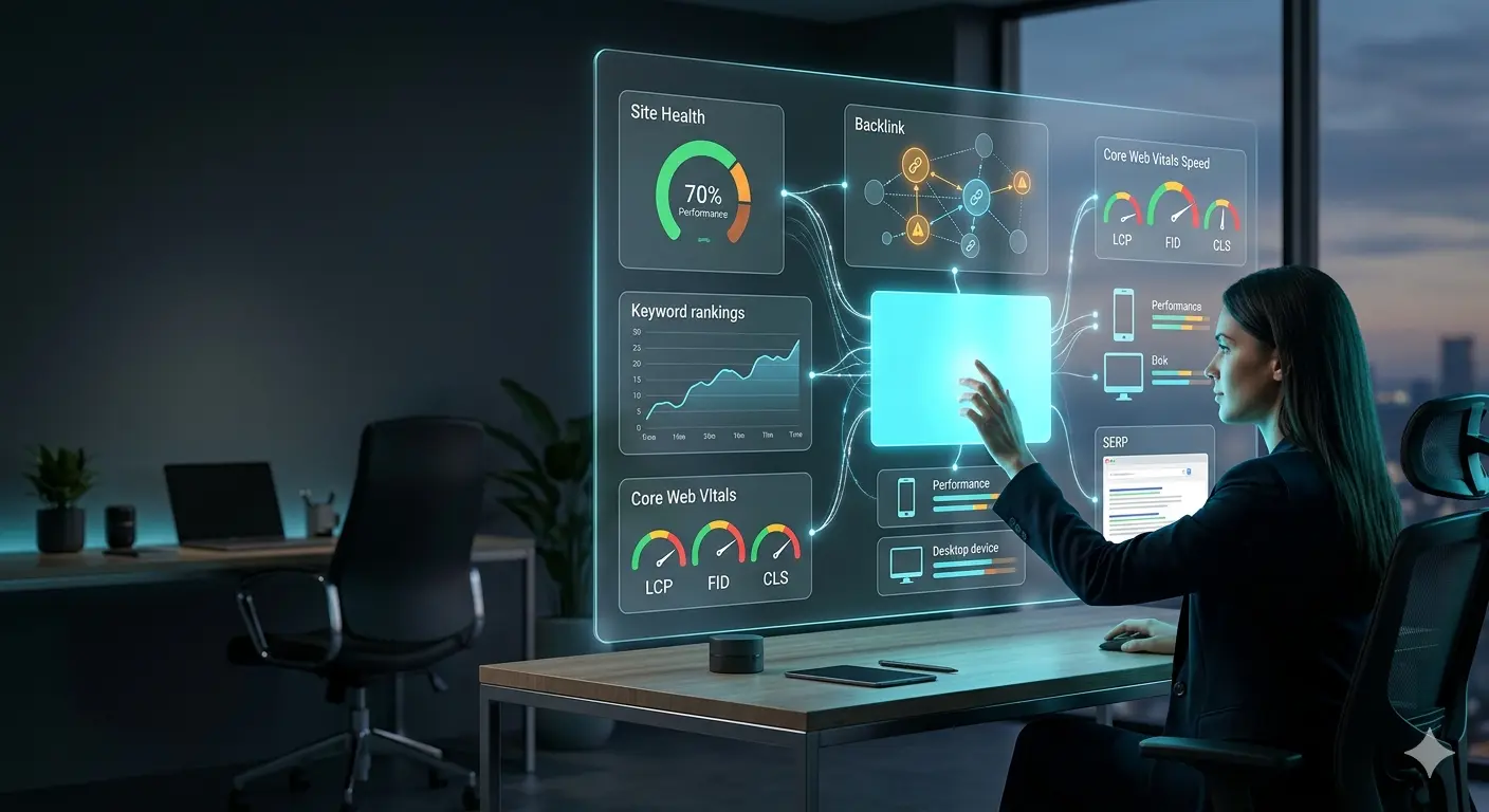 Woman interacting with a digital dashboard displaying SEO tools and metrics for website analysis.