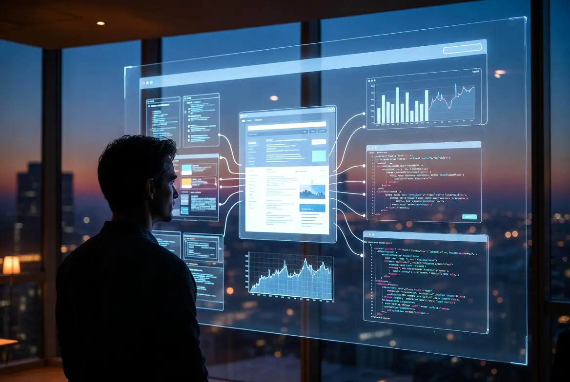 Person analyzing a large digital dashboard with SEO tools and data metrics.