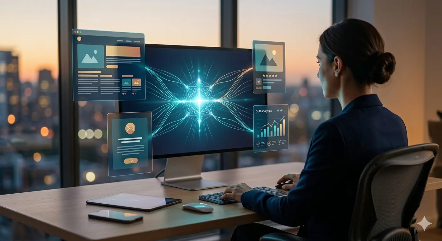 A professional using AI writing tools displayed on a computer screen, highlighting automation features.