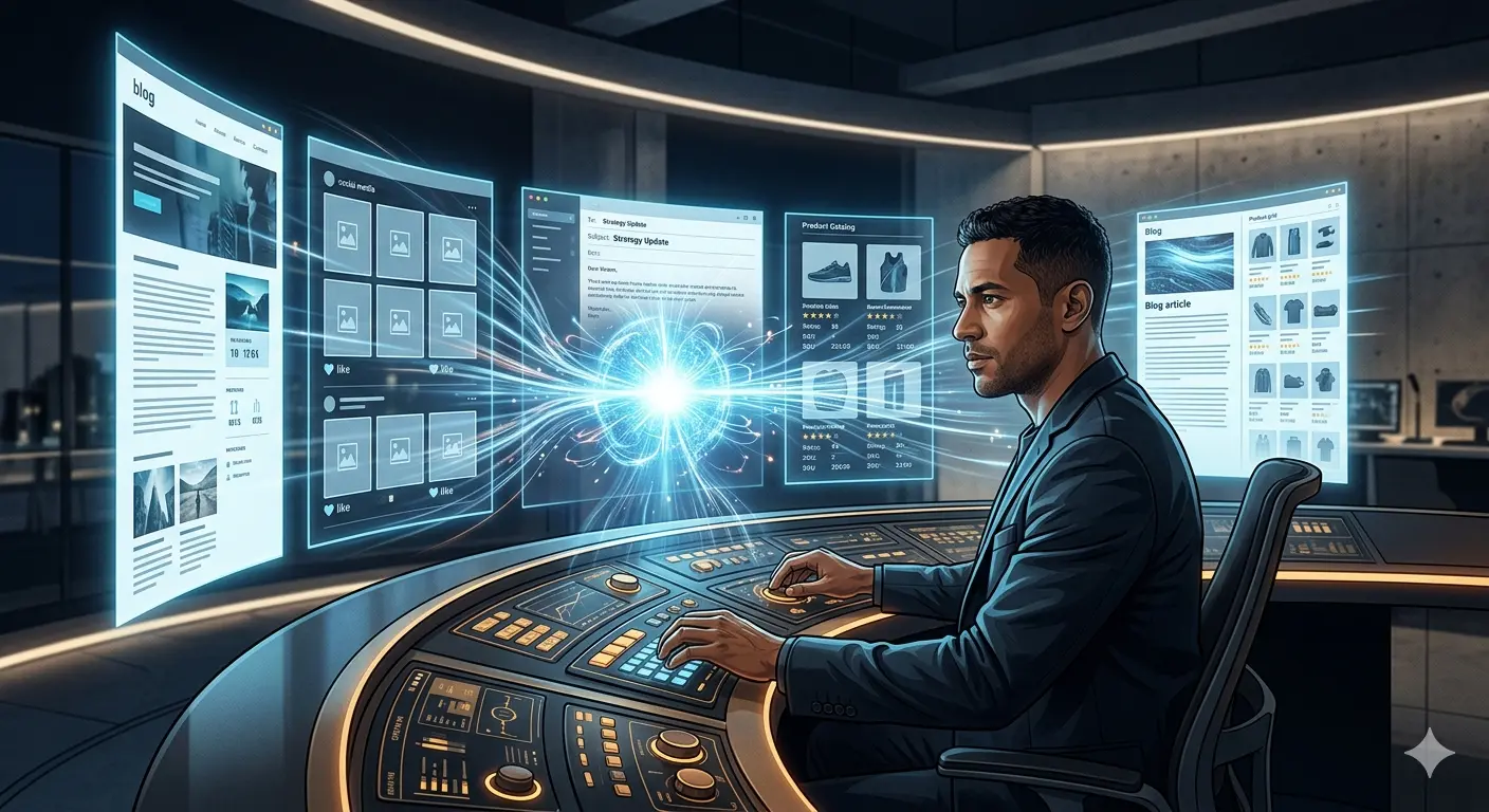 A professional using an AI writing tool dashboard with multiple interfaces displayed.