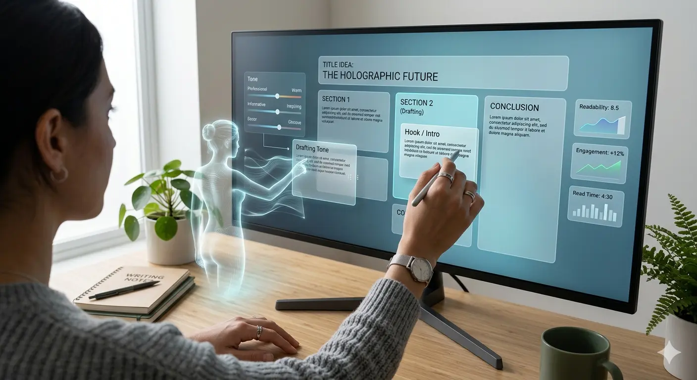 A person using AI writing software on a computer to organize and draft content efficiently.