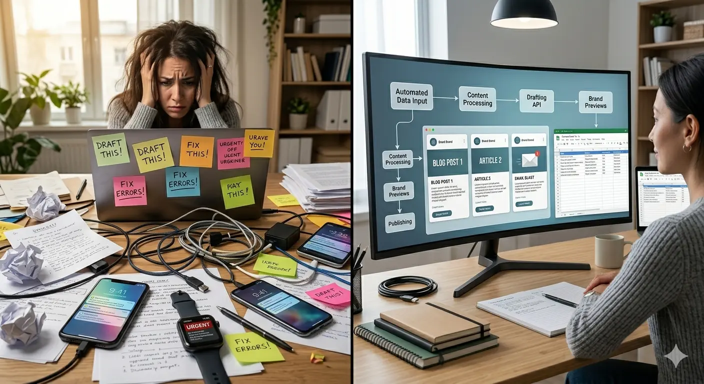 Comparison of manual and AI-assisted content workflows for efficient content production.