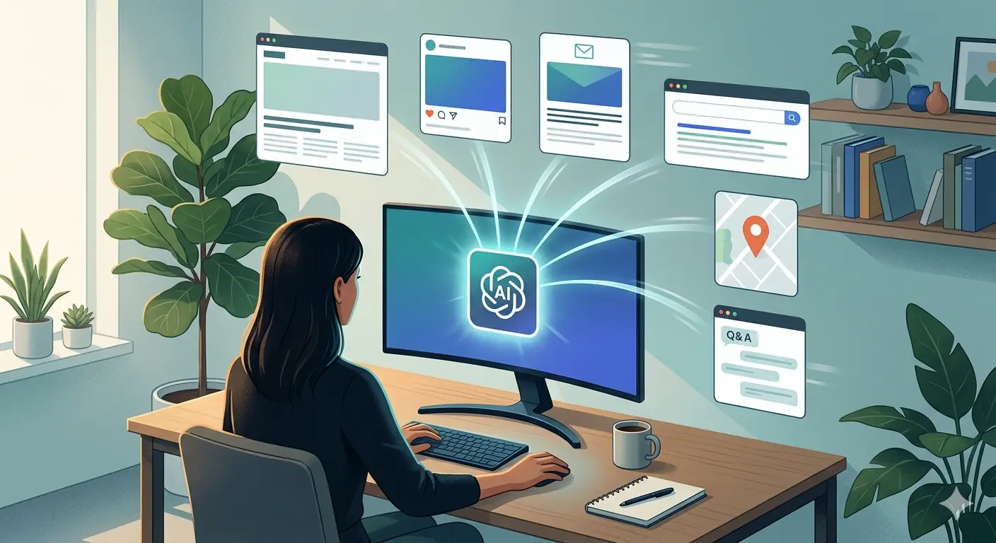 A person using AI tools on a computer for small business online presence enhancement.
