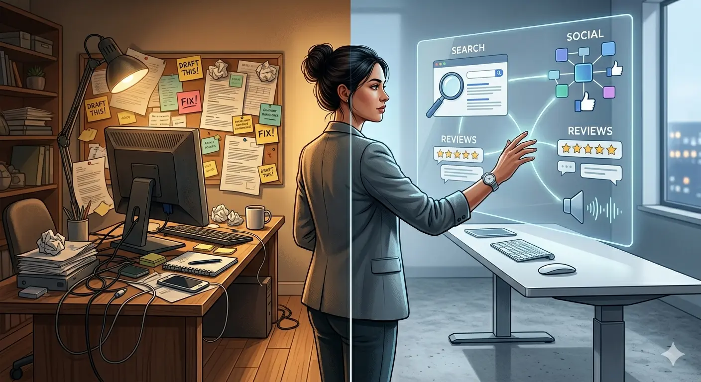A side-by-side comparison of traditional and AI-driven workspaces for small business online presence strategies.