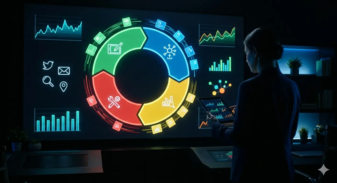 Person reviewing a vibrant analytics dashboard on a large screen focusing on digital presence tools.