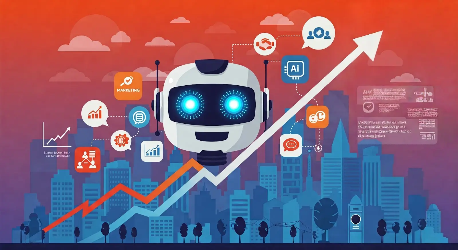 A robot with various AI tool icons representing enterprise integration and growth.