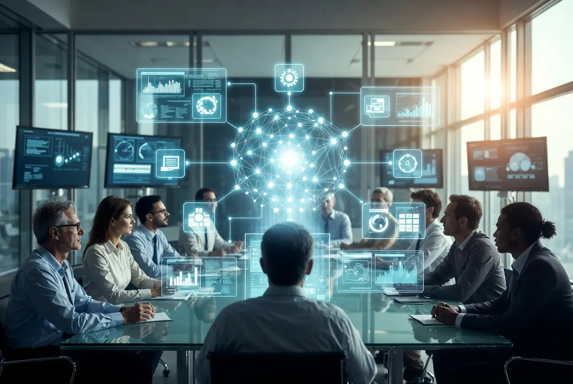 Business meeting discussing AI tools integration and enterprise workflow optimization