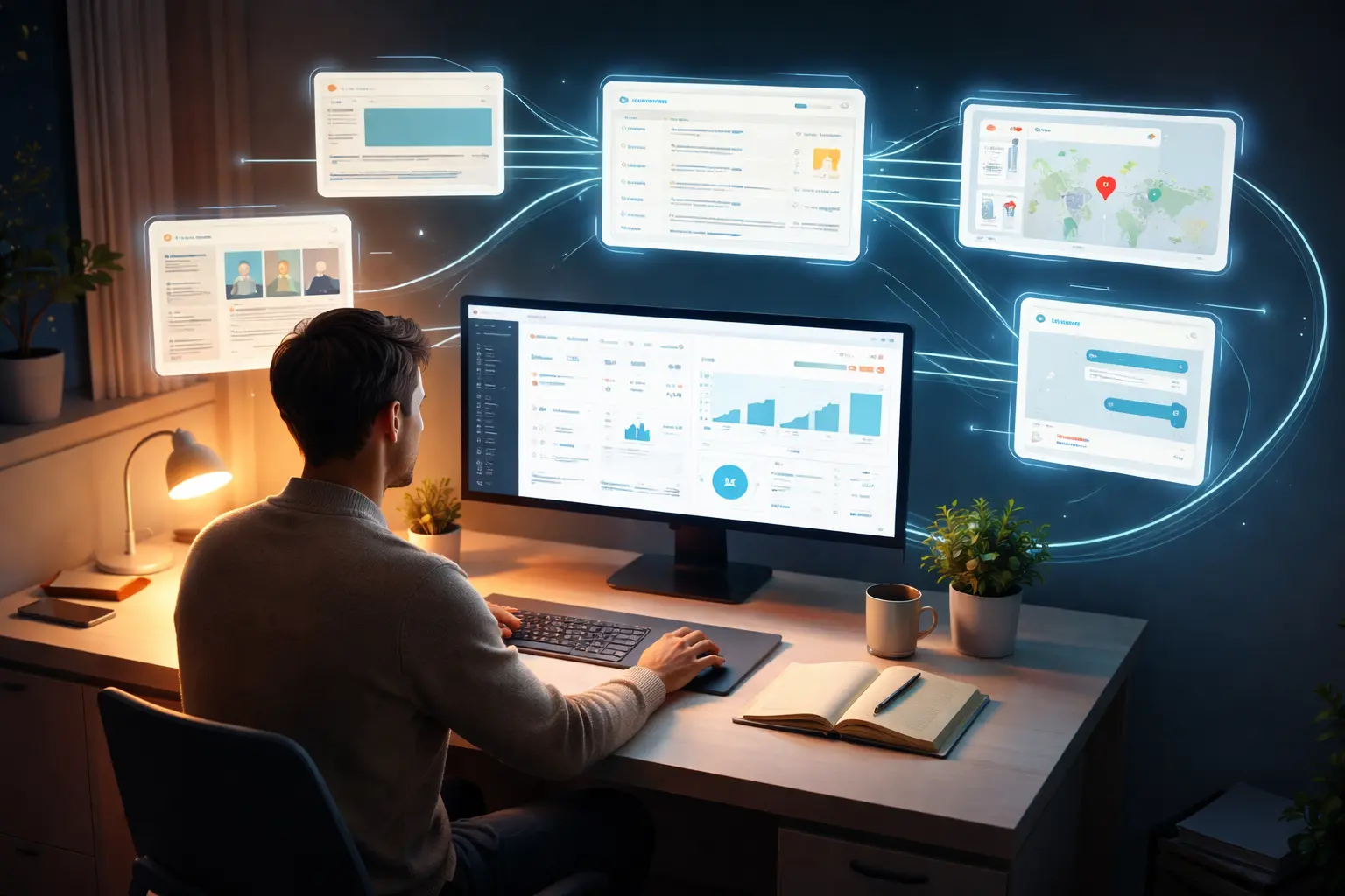 A person analyzing multiple digital dashboards for online presence optimization.