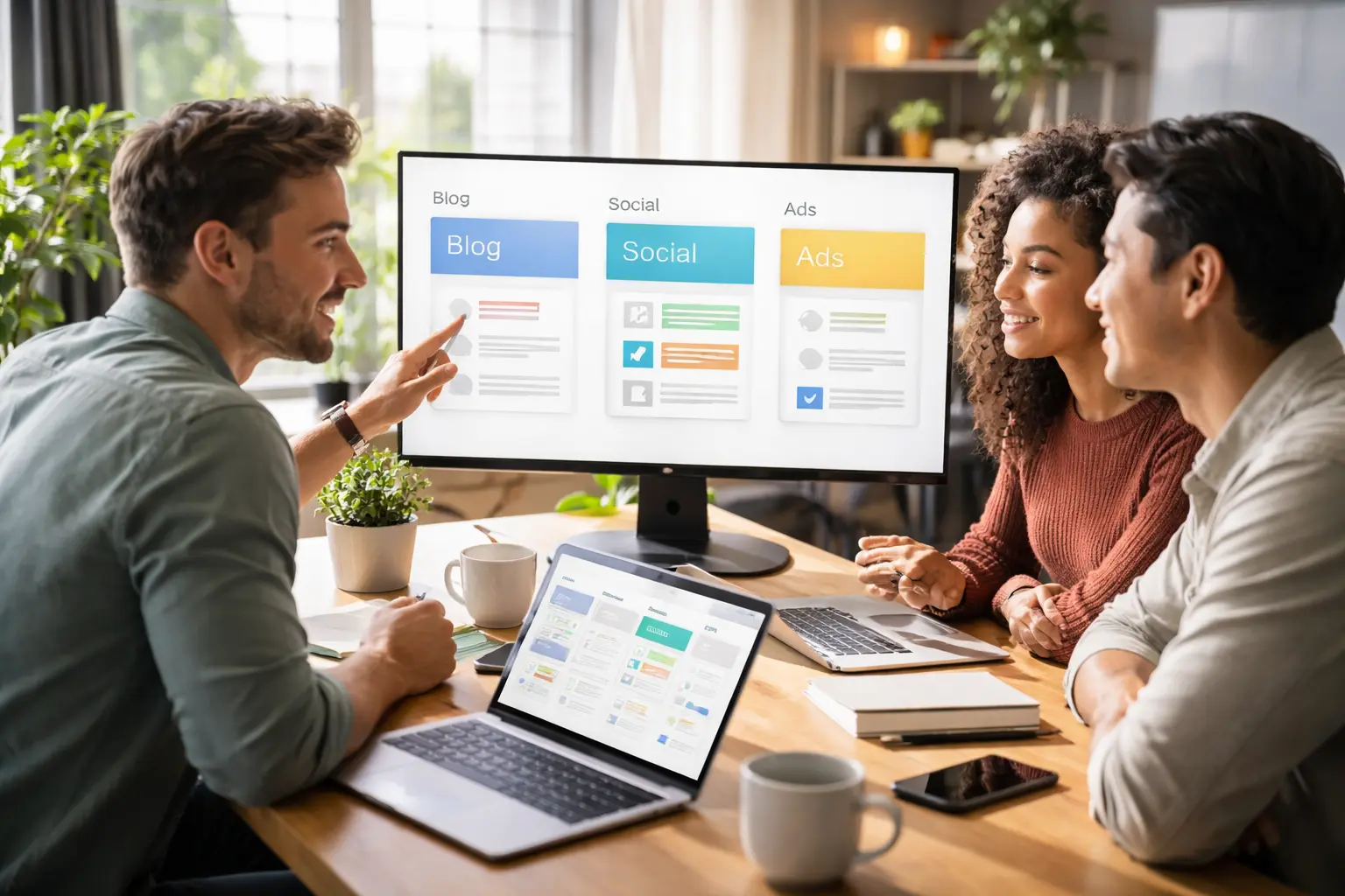 Team discussing online presence optimization strategies using digital tools on a computer screen.