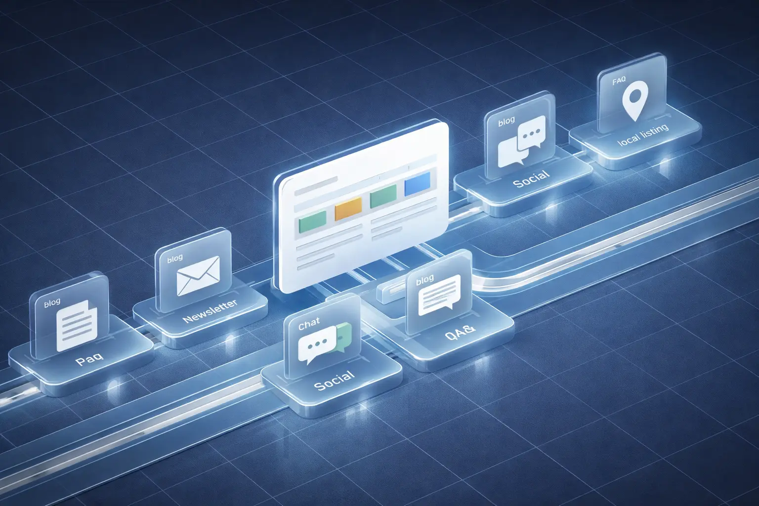 Digital channels showing elements of online presence optimization like blogs, social media, and local listings.