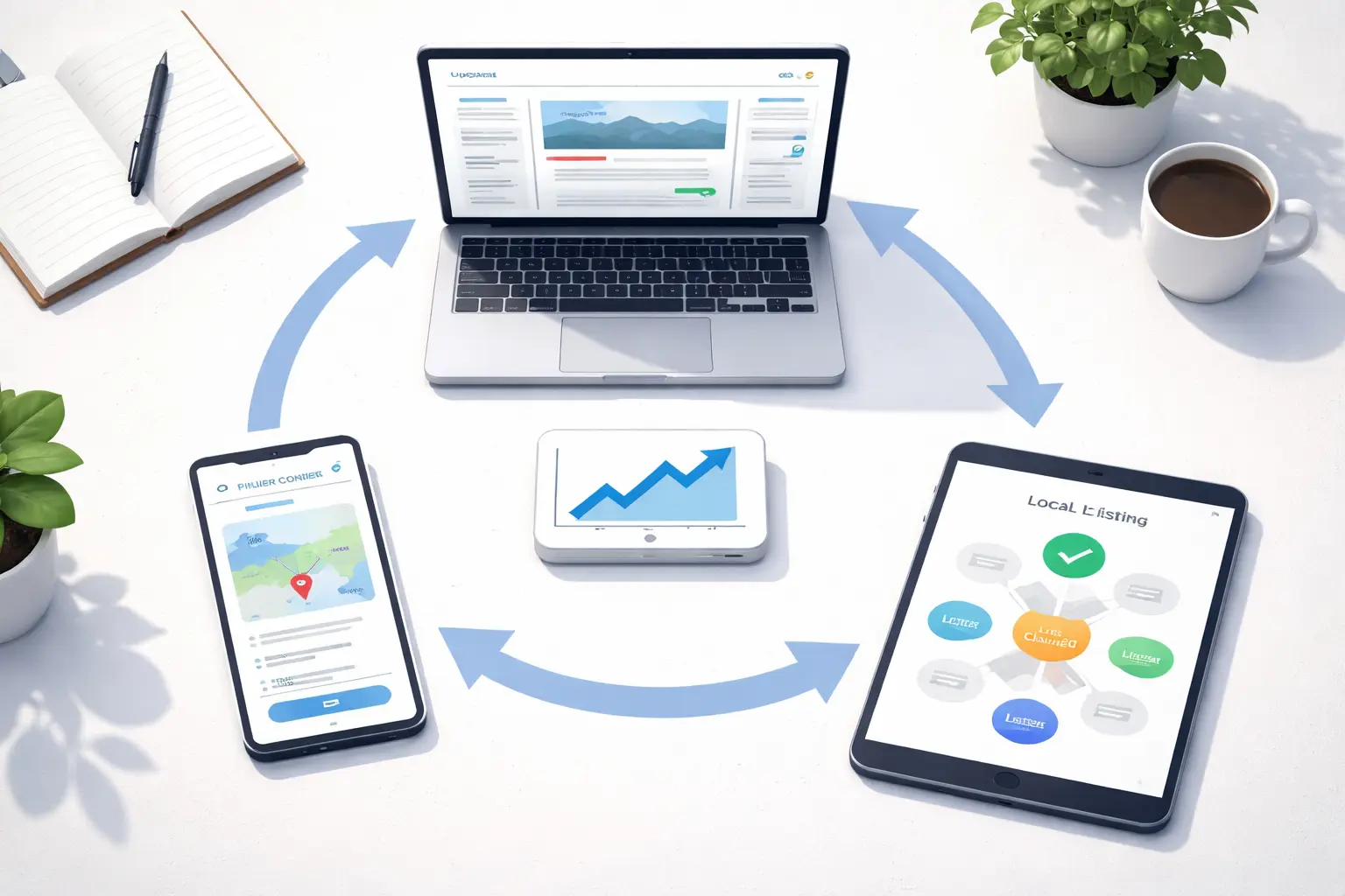 Digital devices showcasing online presence optimization workflow with graphs and listings