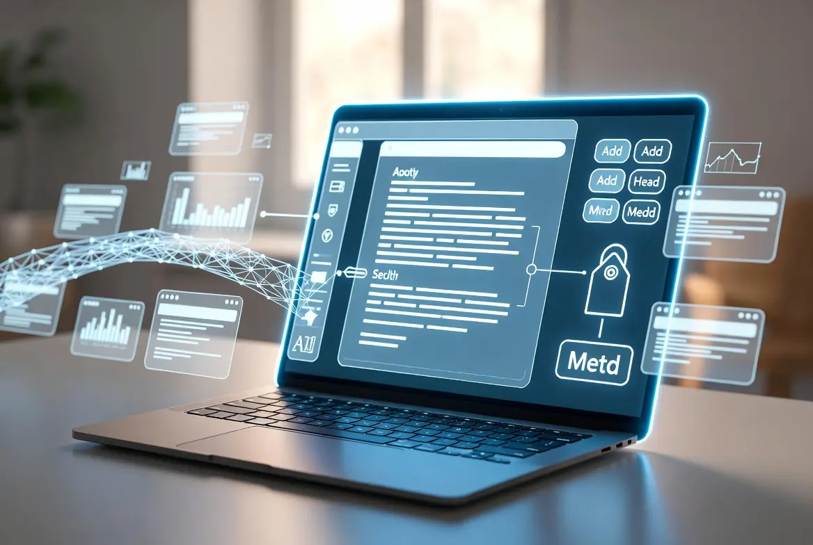 Illustration of an AI writing tool interface on a laptop screen for SEO content creation