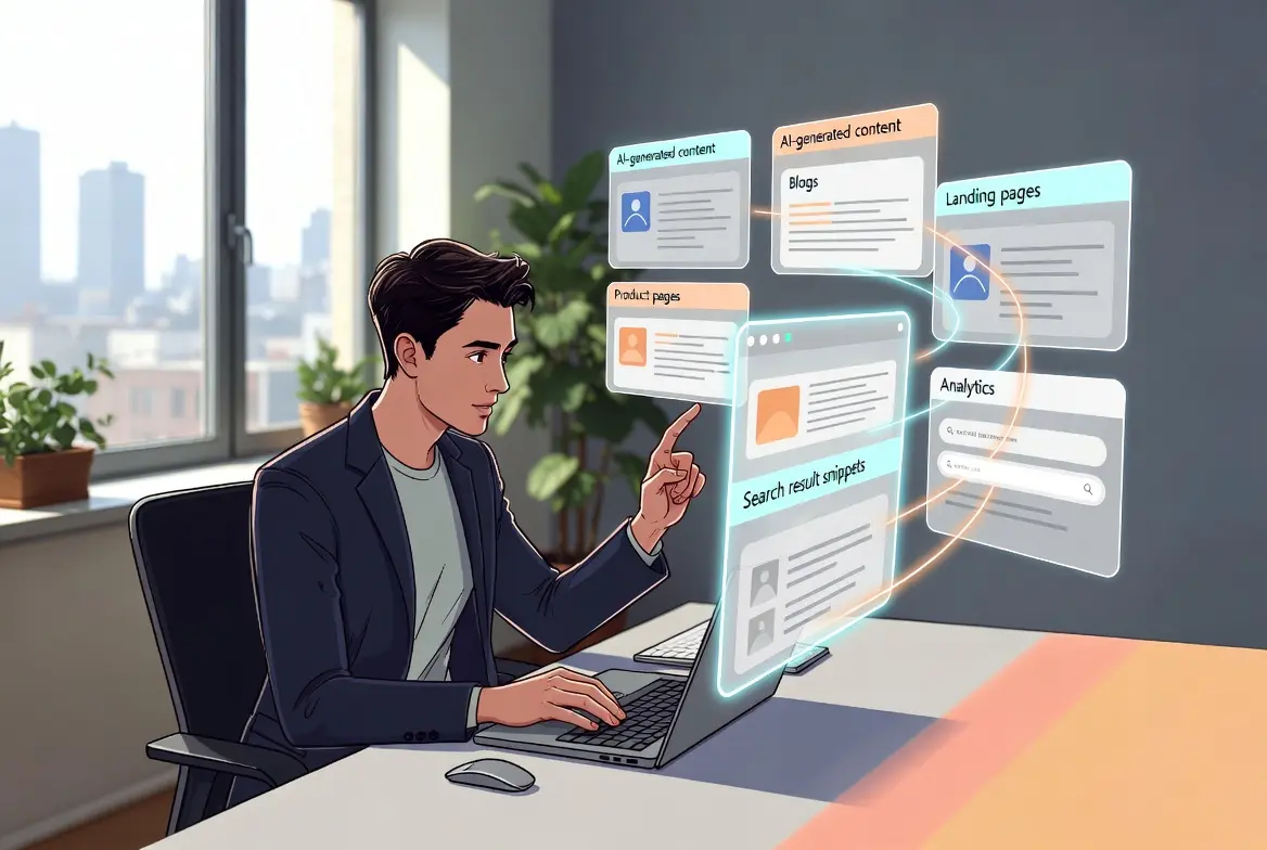 A person using a laptop surrounded by digital AI content interfaces, illustrating SEO AI writing tools.