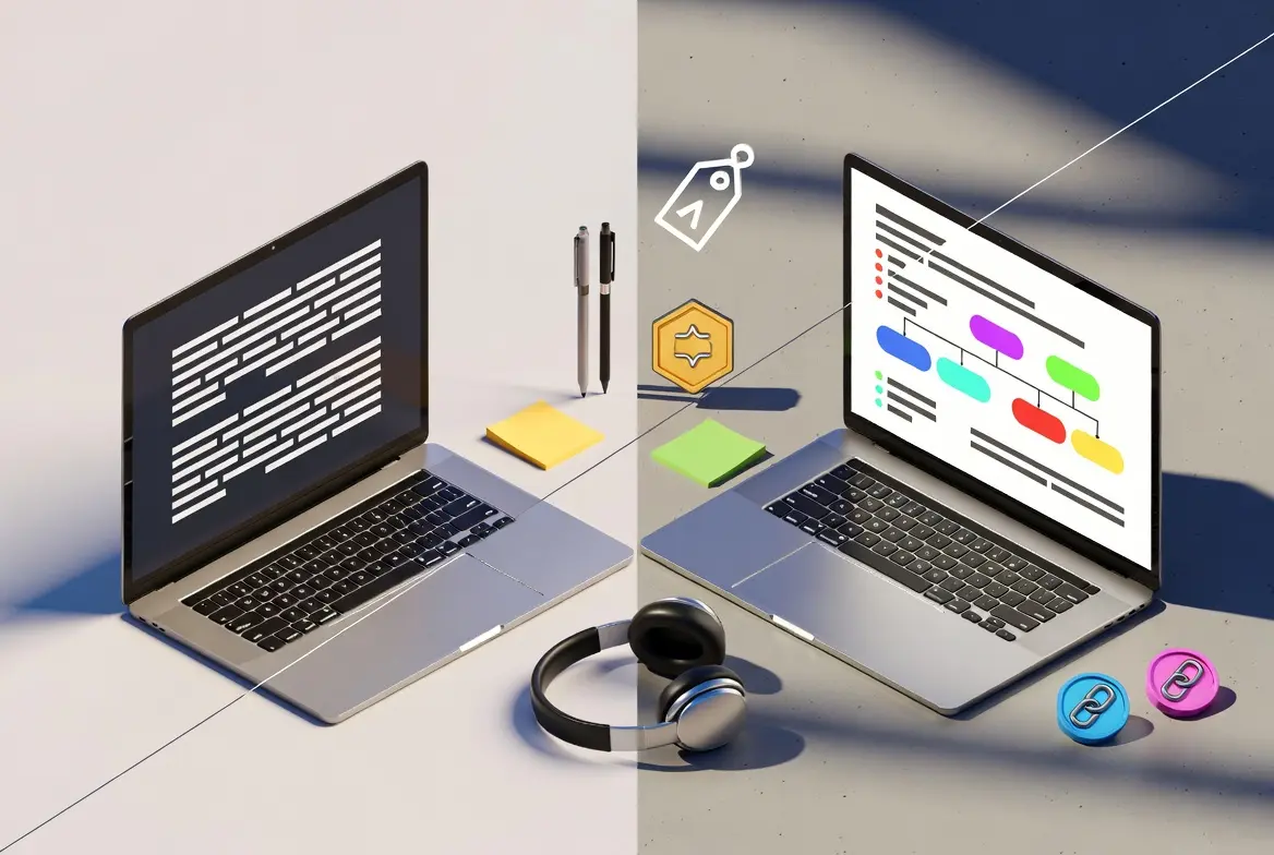 Side-by-side comparison of laptops illustrating AI-generated text and content optimization.