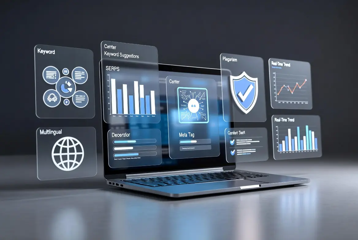 Laptop displaying SEO AI writer dashboard with graphs and analytics