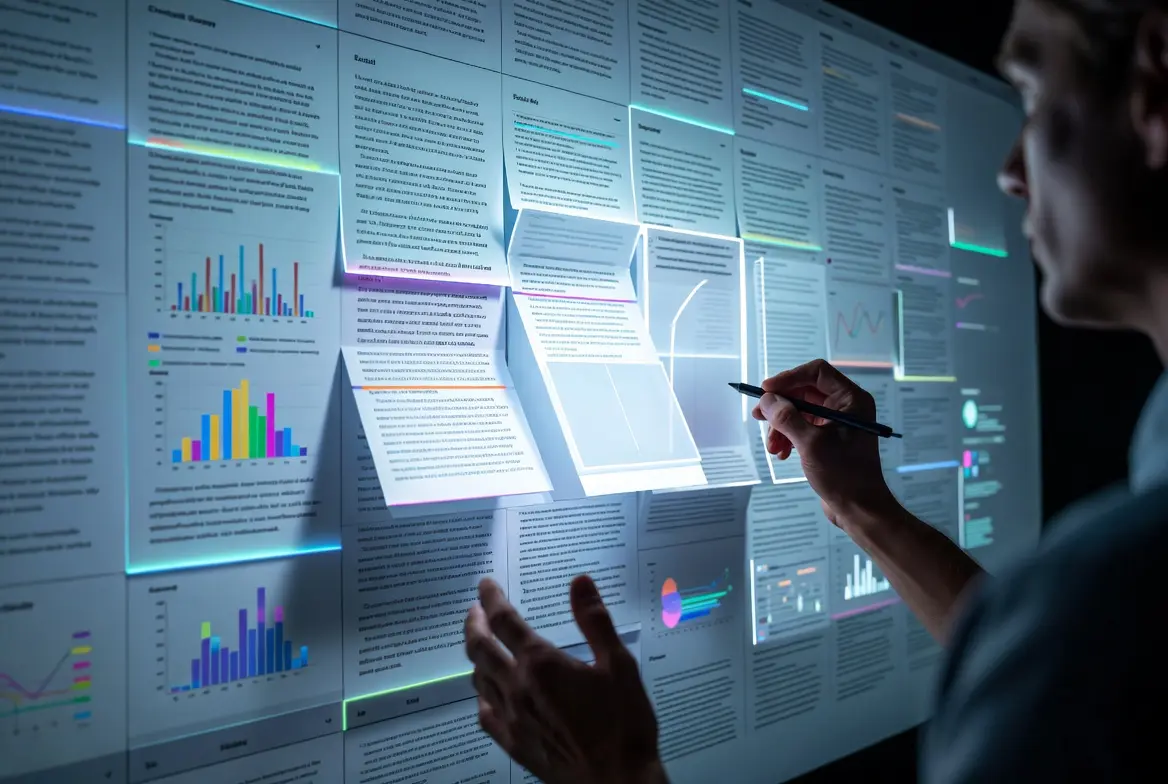 A person interacting with a digital content layout showcasing AI integration in content writing.