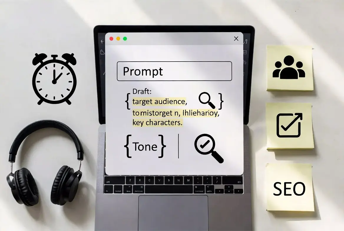Laptop screen showing prompts and draft keywords for AI content writing