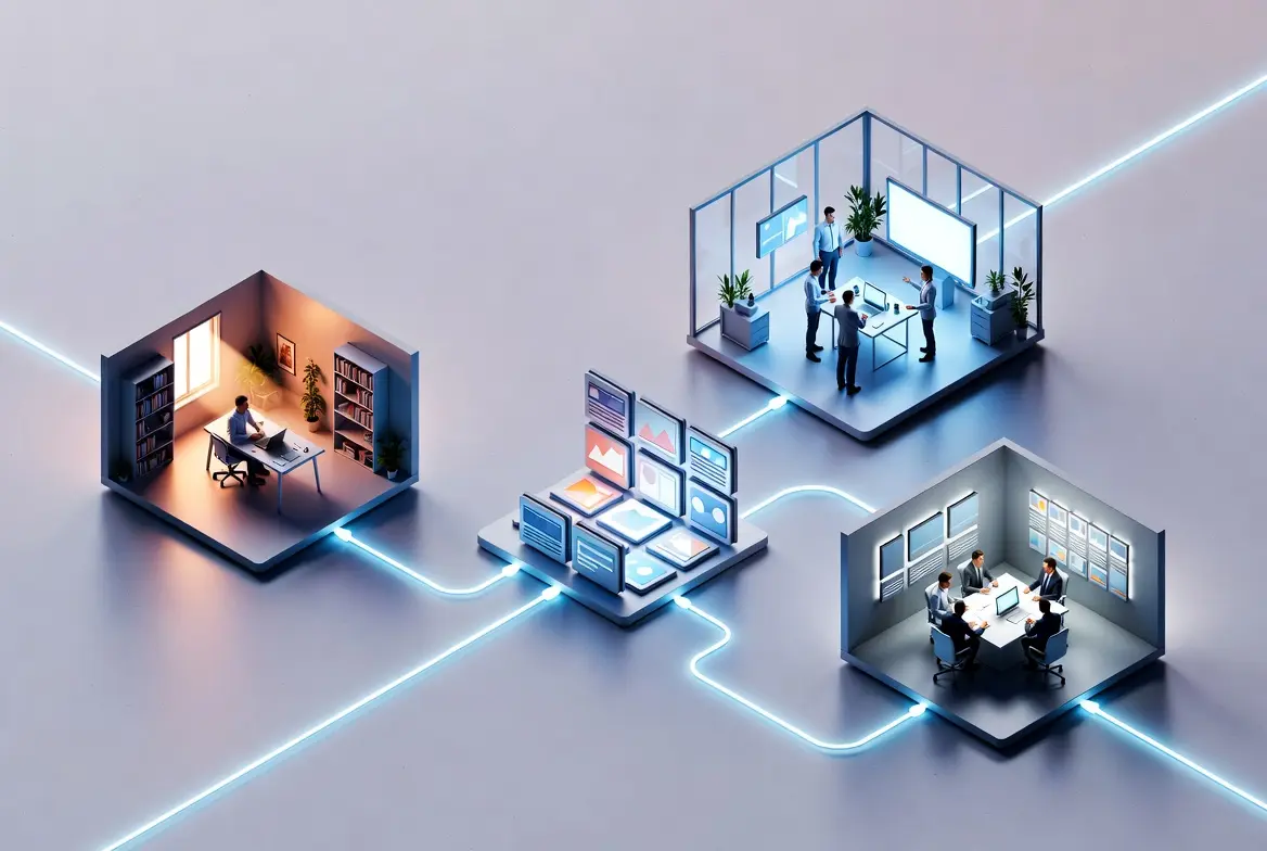 Illustration showing connected workspaces representing AI content writing collaboration.
