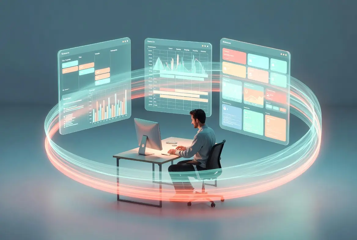 Person using an AI marketing automation platform with digital dashboards