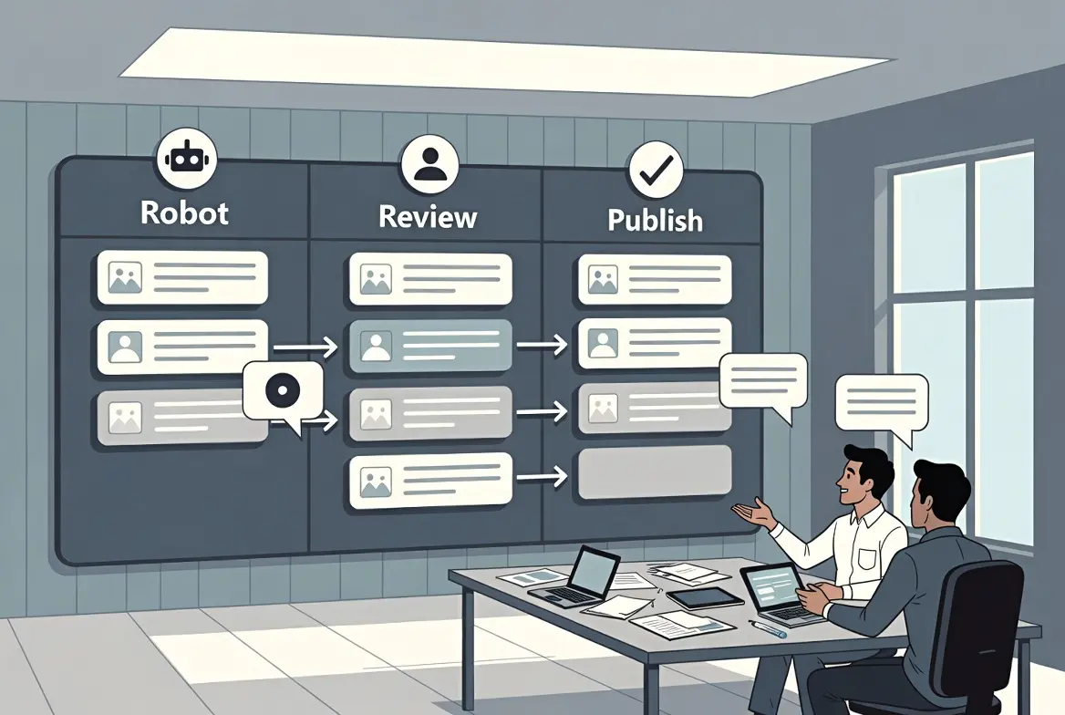 Diagram showing AI marketing automation platform workflow with stages from robot to review to publish