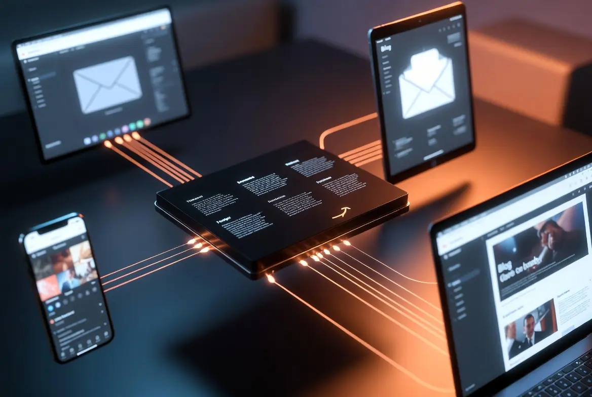 A digital representation of AI marketing automation with interconnected devices and screens