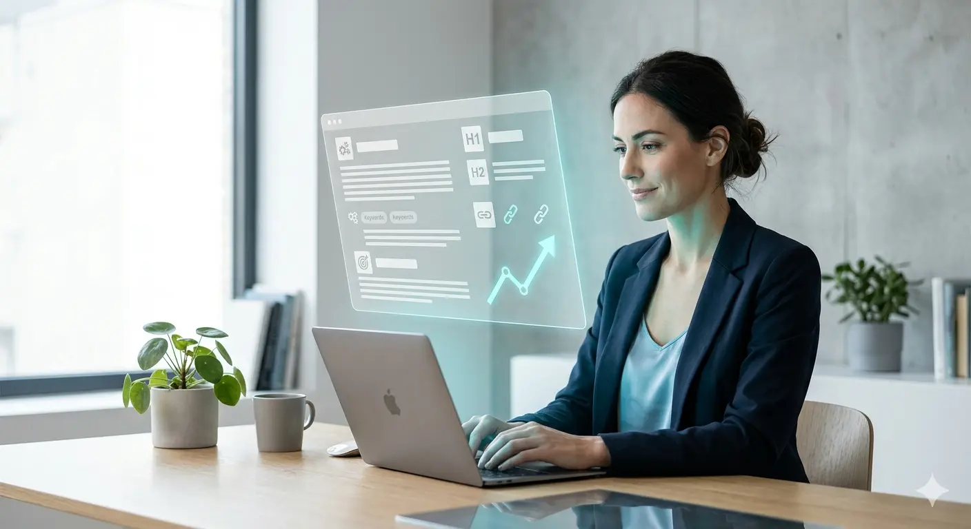 Professional woman using an AI paragraph generator on a laptop, highlighting technology interaction