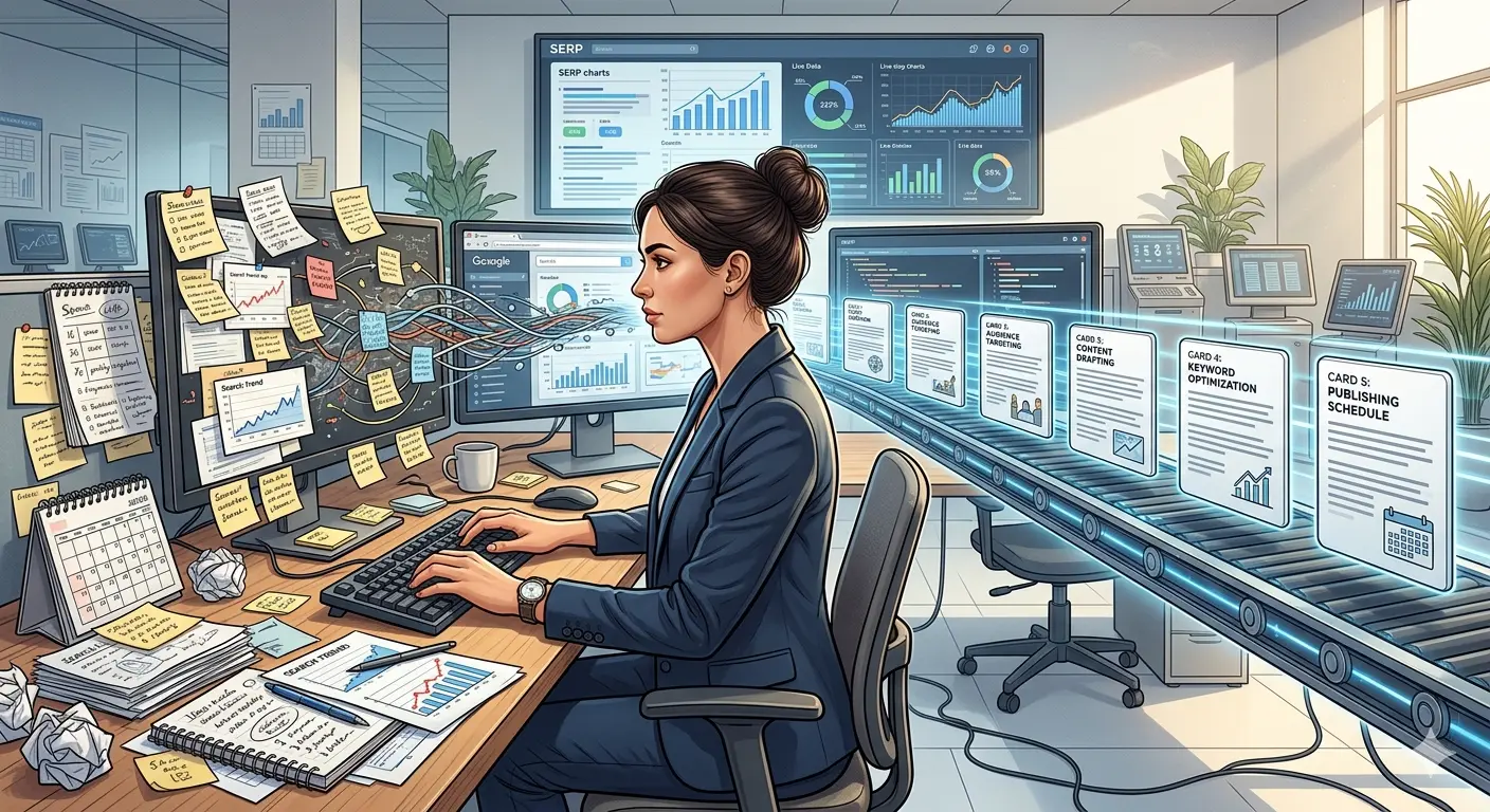 A professional using multiple screens and notes to manage SEO strategies efficiently.