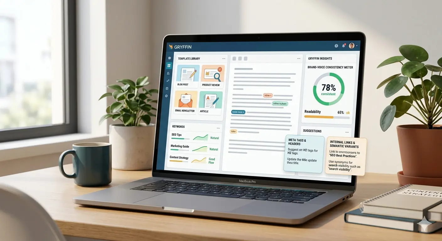Dashboard showcasing features of an AI paragraph generator on a laptop screen