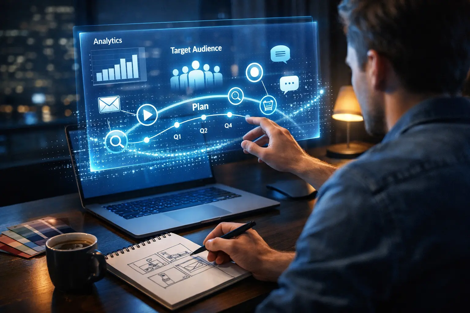Person using a digital dashboard for a marketing plan generator strategy.