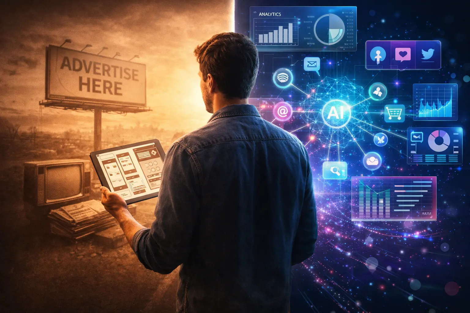 Person with a tablet facing a contrast between traditional advertising and modern AI tools.
