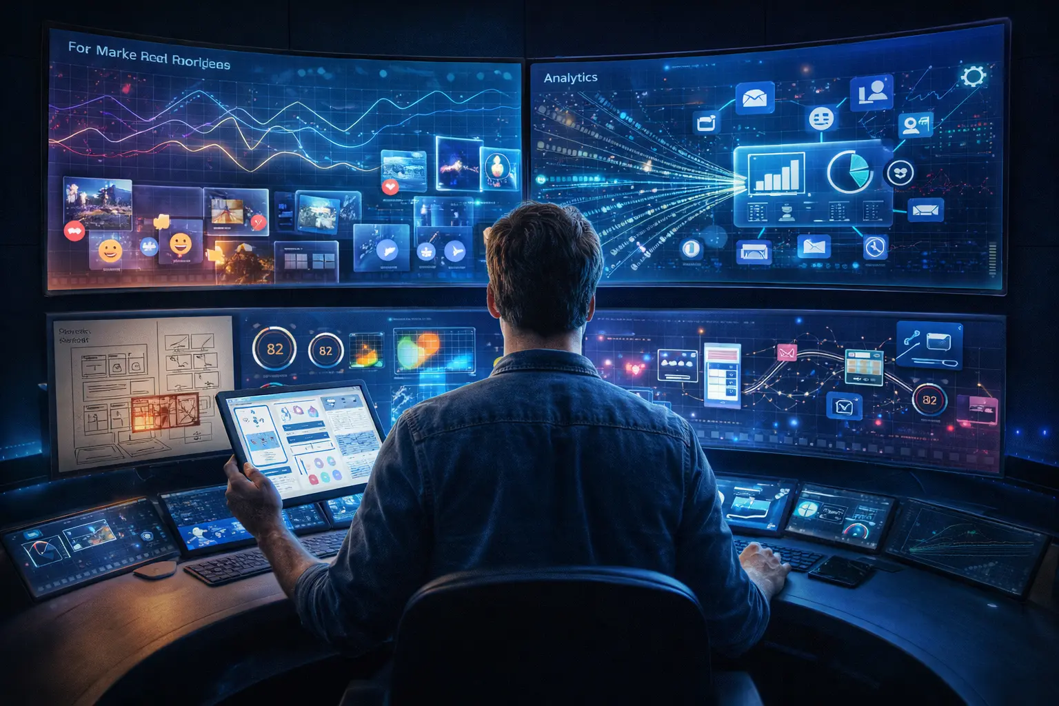 A person analyzing digital marketing analytics on a high-tech dashboard.