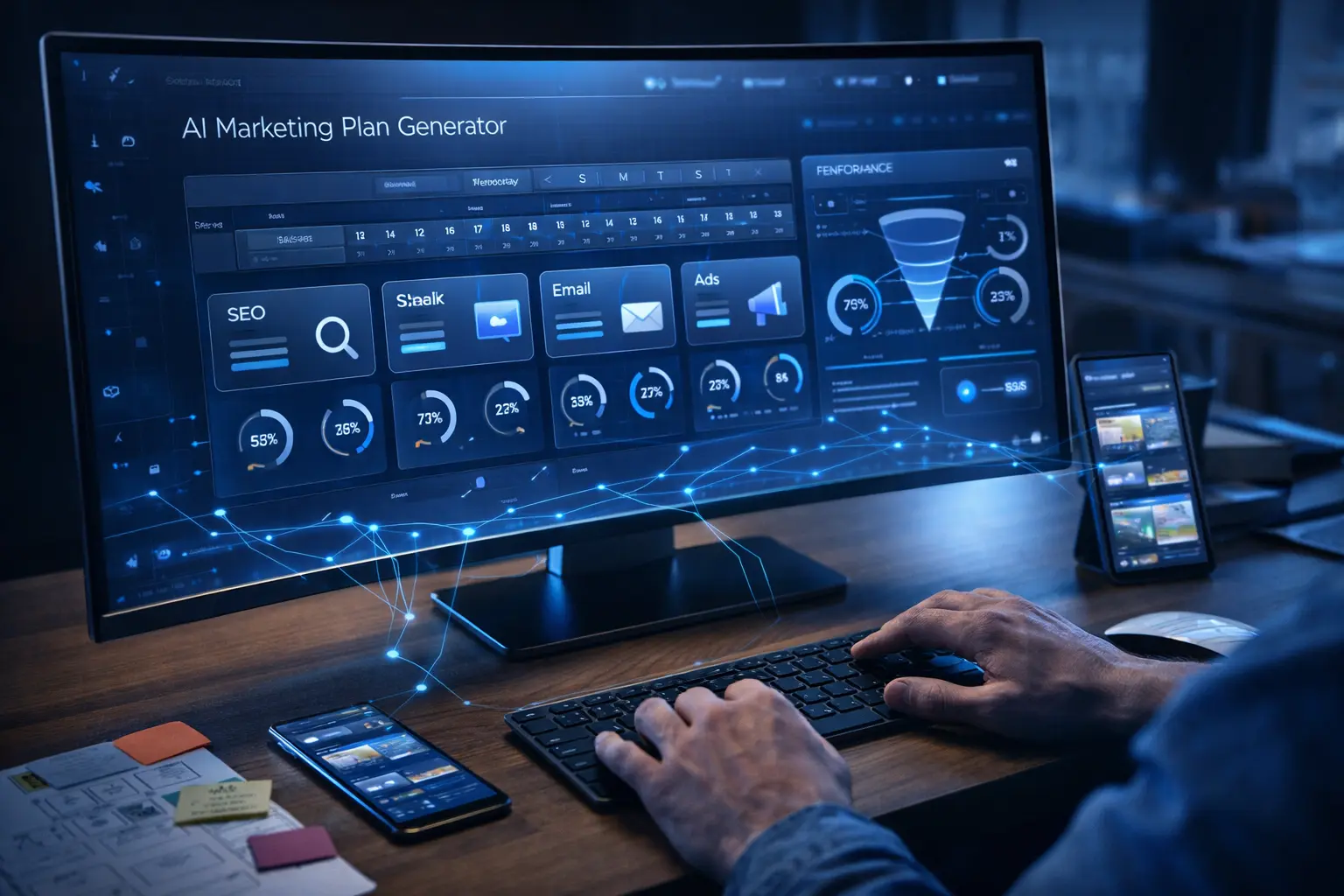 AI marketing plan generator dashboard showing performance metrics and task icons