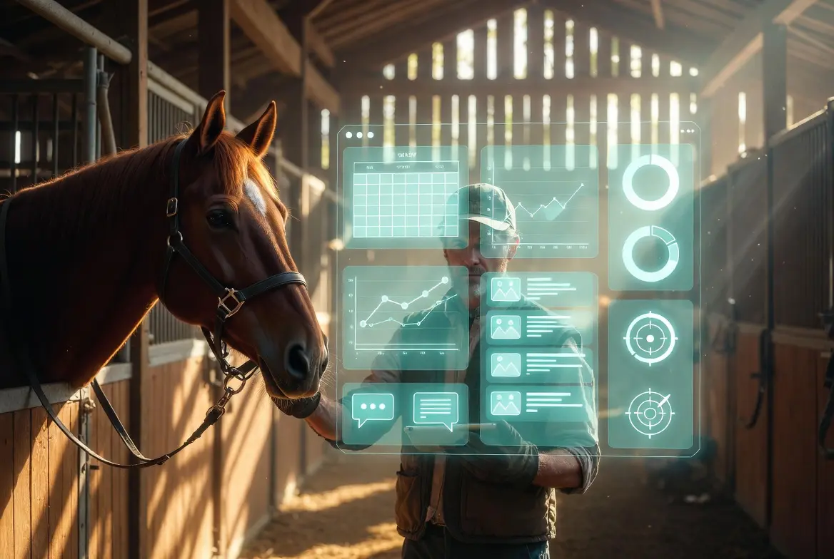 A horse in a stable with digital marketing graphs overlaid, illustrating AI marketing for equine businesses.