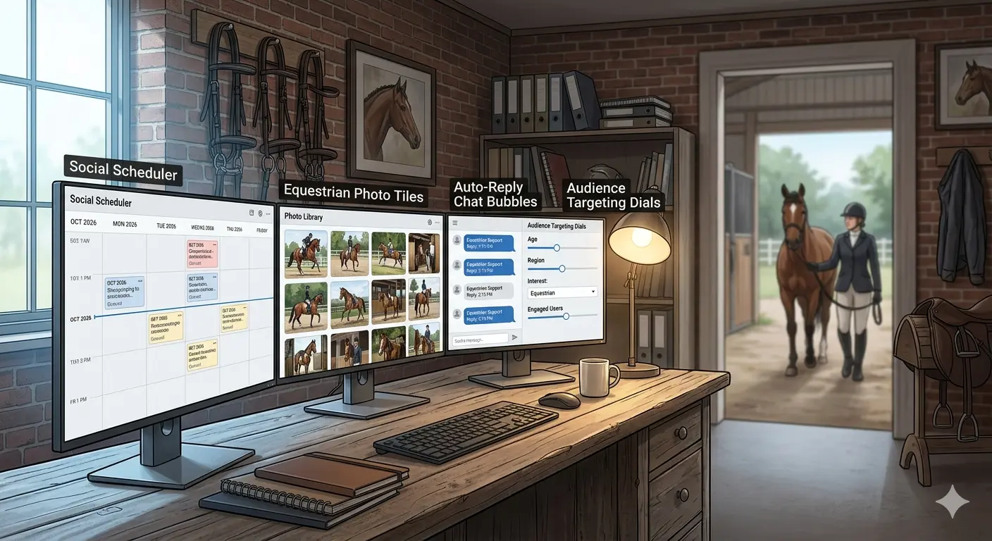 Monitors displaying AI tools for equine business marketing in an office setting 