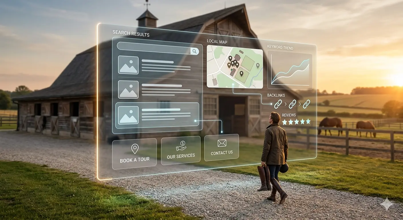 A person observing digital marketing analytics for equine business in front of a stable.