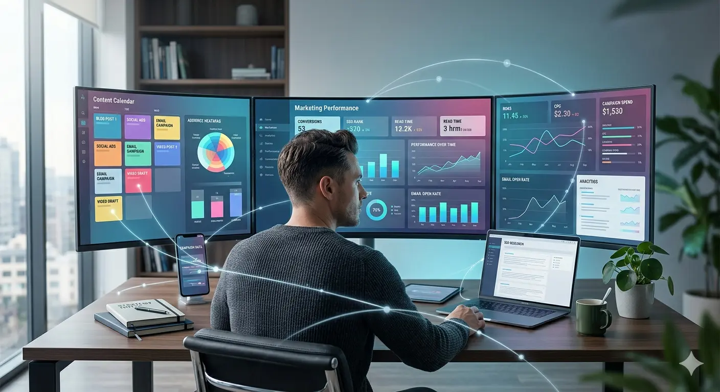 Person using AI marketing tools on a multi-screen dashboard displaying analytics and calendars