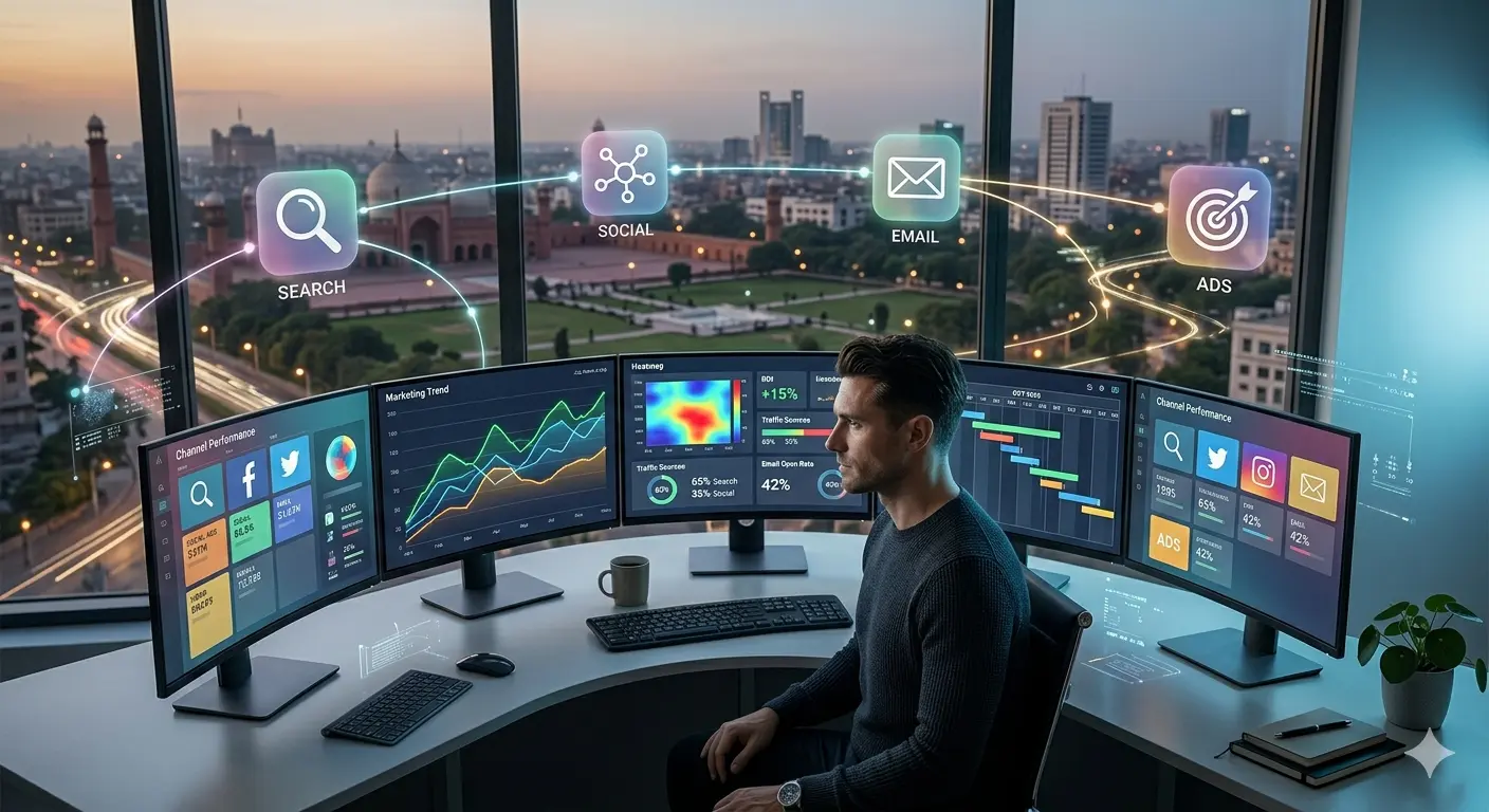 Digital marketing professional analyzing campaign data with AI tools on multiple screens.