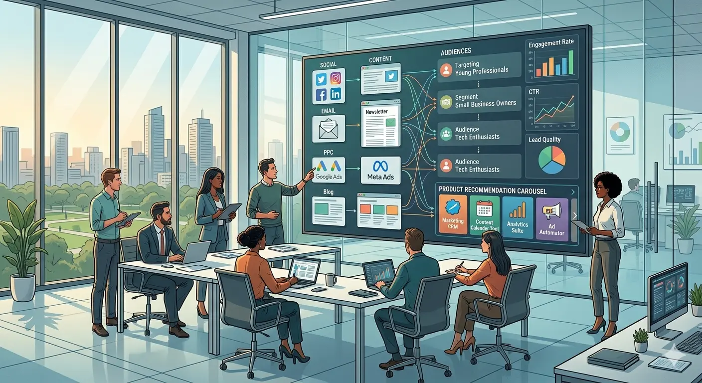 Team discussing AI marketing tools strategy with a presentation board showing different digital channels.