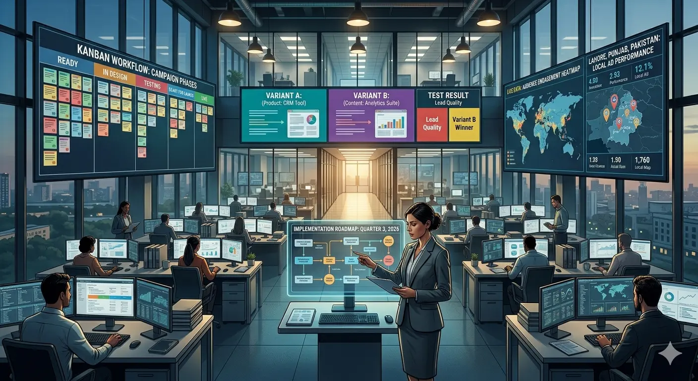 Office setup displaying AI marketing tools with multiple screens showing analytics and campaign plans
