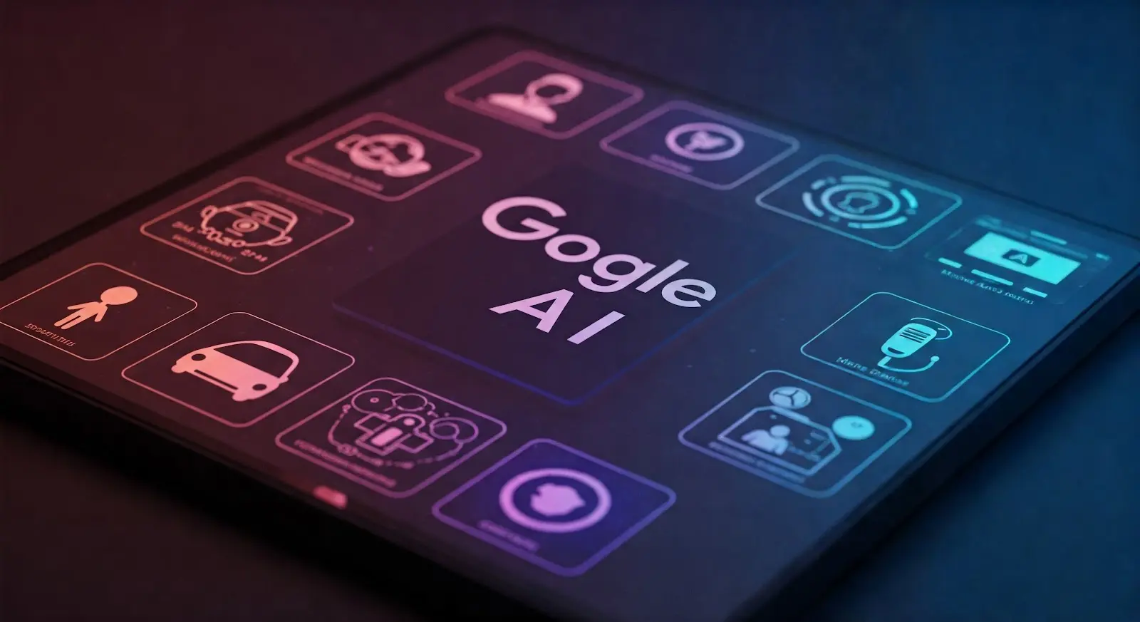 Digital interface displaying "Google AI" surrounded by various icons representing different AI functionalities.